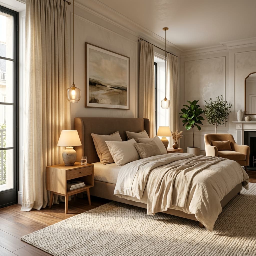 Elegantna spavaća soba — tapeciran krevet, lanena posteljina, jutarnje svjetlo