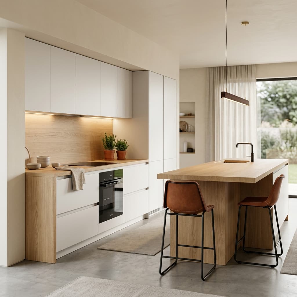 Moderna kuhinja — bijeli mat elementi, hrastov otok, kožne barske stolice