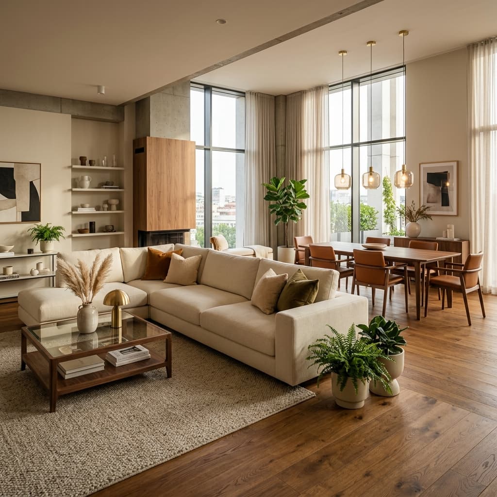 Premium dnevni boravak — cream garnitura, hrastov pod, topla rasvjeta